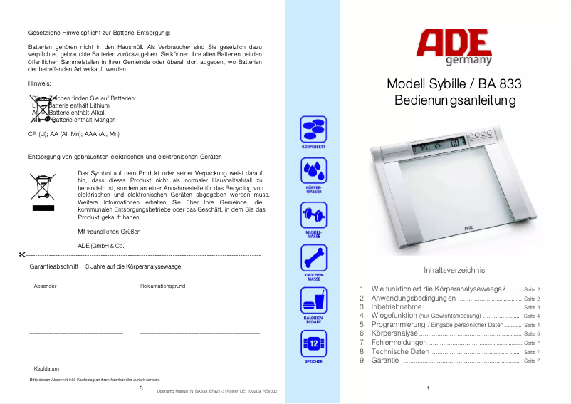 Page 1 de la notice Manuel utilisateur ADE Sybille BA 833