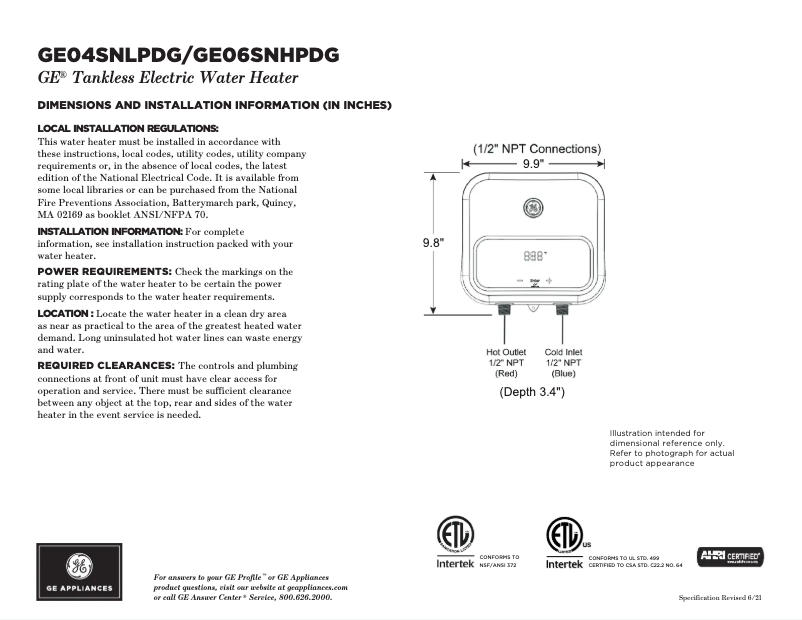 Page 1 de la notice Fiche technique GE GE06SNHPDG