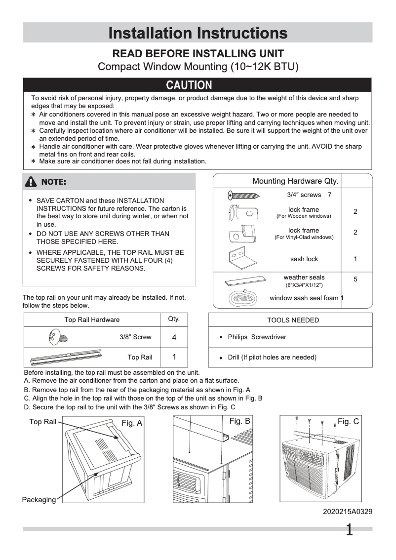 Page n°1 - Guide d'installation Frigidaire FRA123CT1M