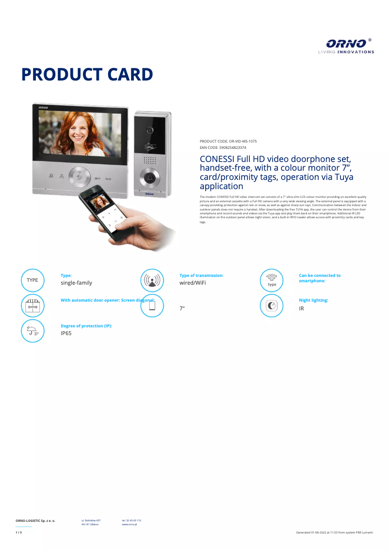 Page 1 de la notice Fiche technique Vibell OR-VID-MS-1075