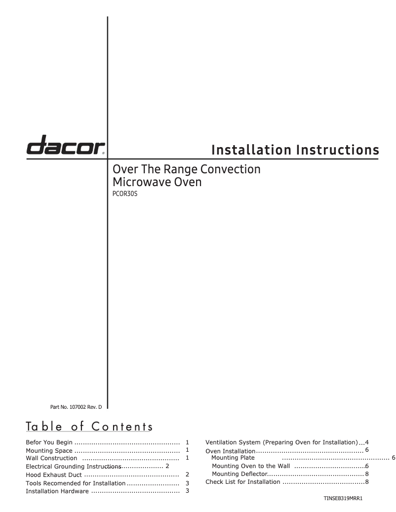 Page 1 de la notice Guide d'installation Dacor PCOR30S