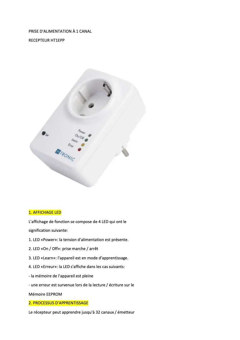 Page n°1 - Manuel utilisateur H-Tronic HT1EPP