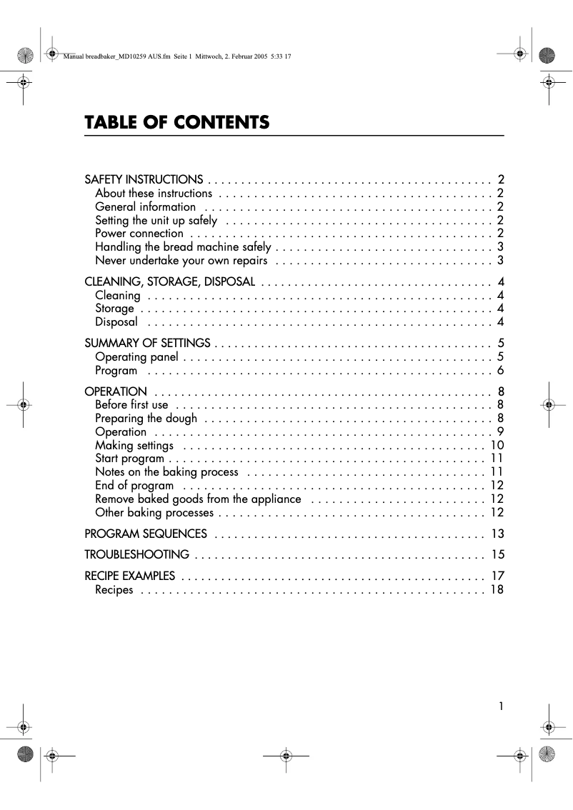 Image de la première page du manuel de l'appareil MD 10259