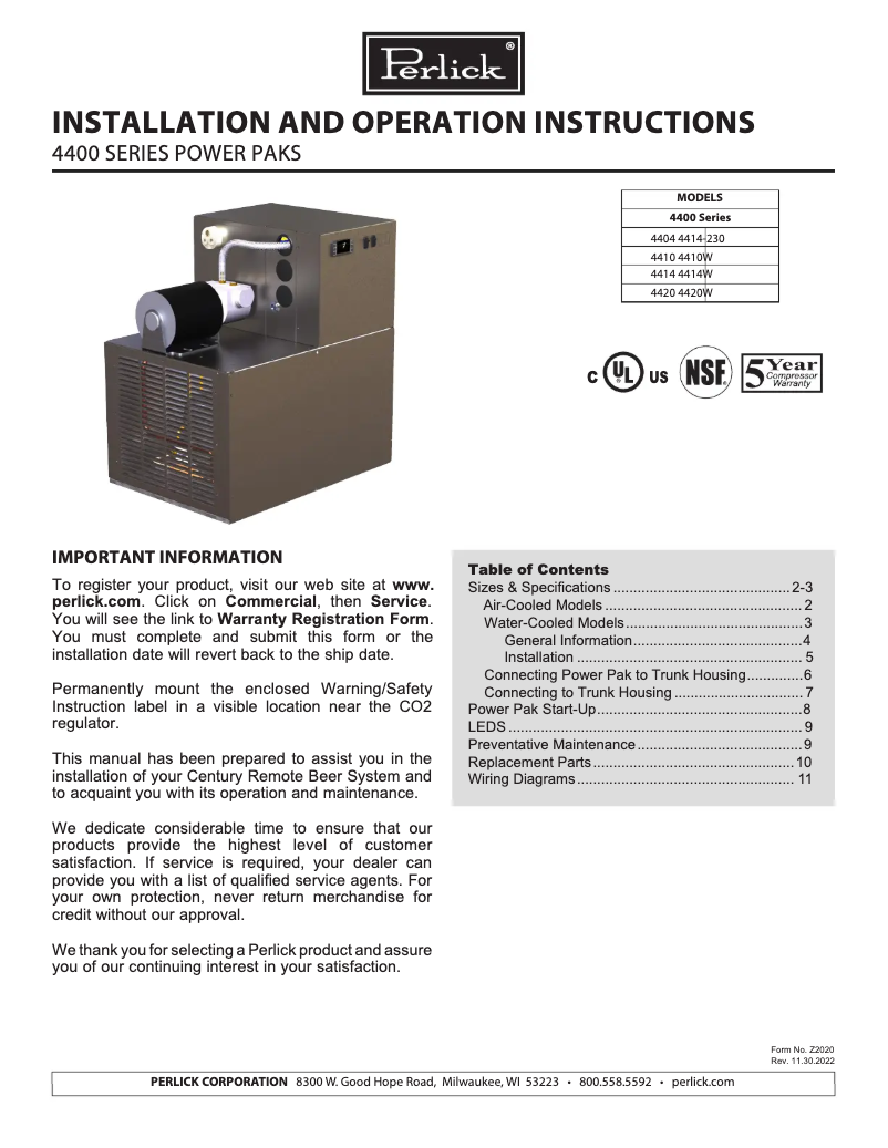 Page n°1 - Manuel utilisateur Perlick 4420W