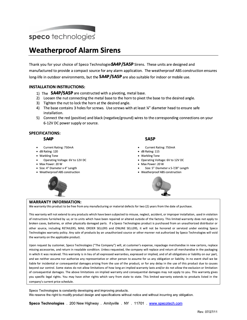 Page 1 de la notice Manuel utilisateur Speco Technologies SA5P