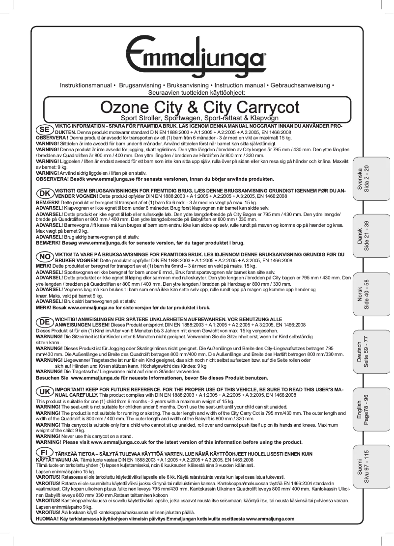 Page 1 de la notice Manuel utilisateur Emmaljunga Ozone