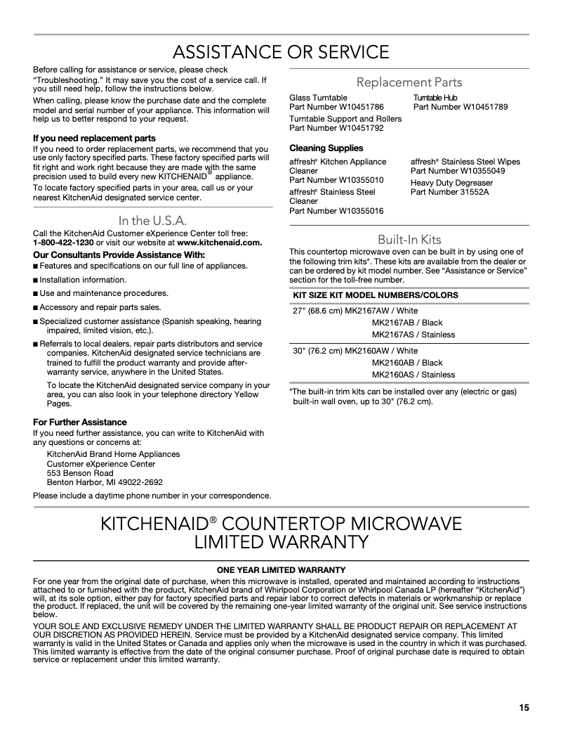 Página 1 del manual Información de garantía KitchenAid Architect KCMS1655BBL