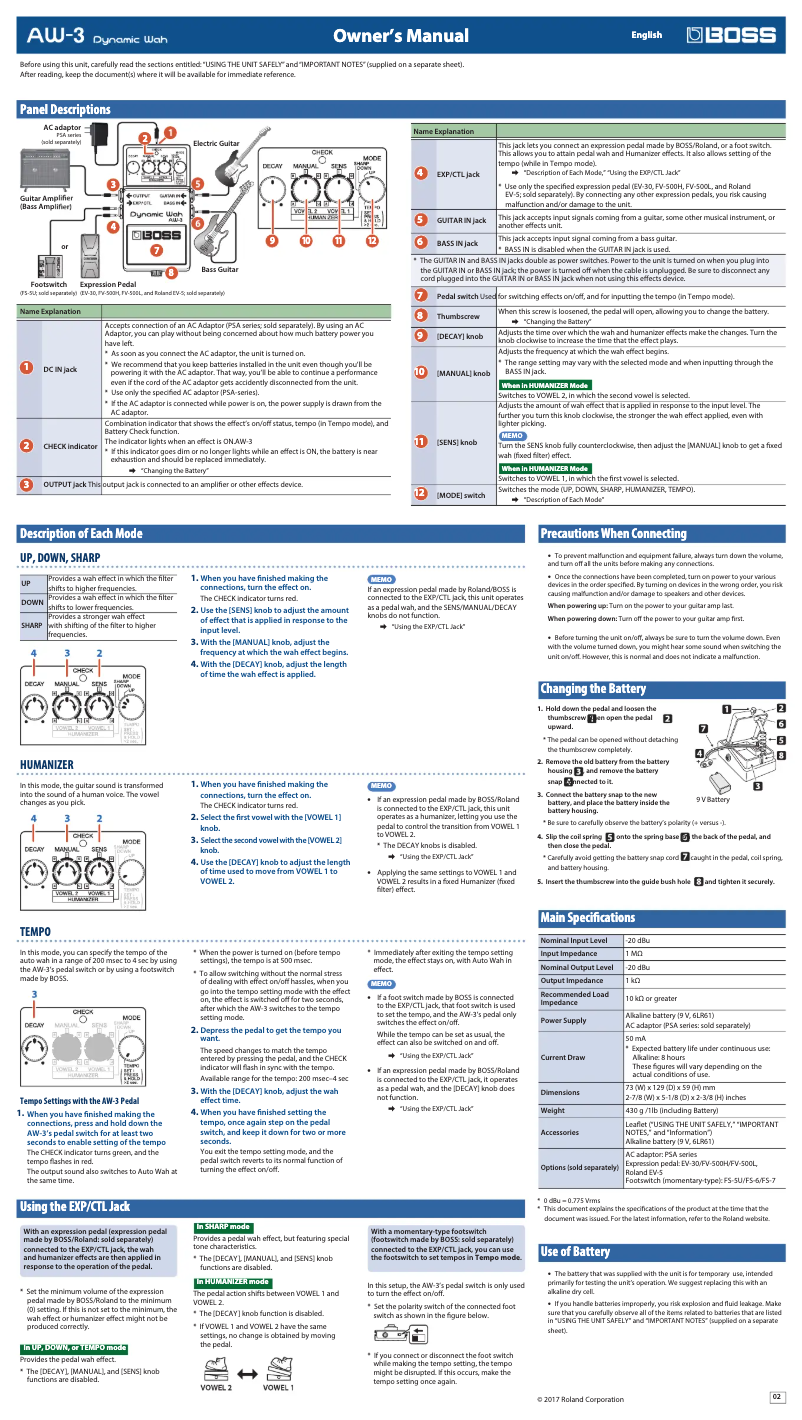 Image de la première page du manuel de l'appareil Dynamic Wah AW-3