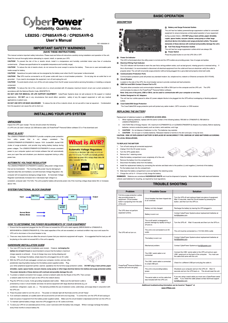 Page n°1 - Manuel utilisateur CyberPower CP685AVR