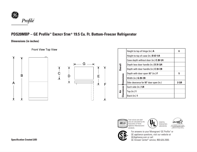 Page n°1 - Fiche technique GE Profile PDS20MBPWW