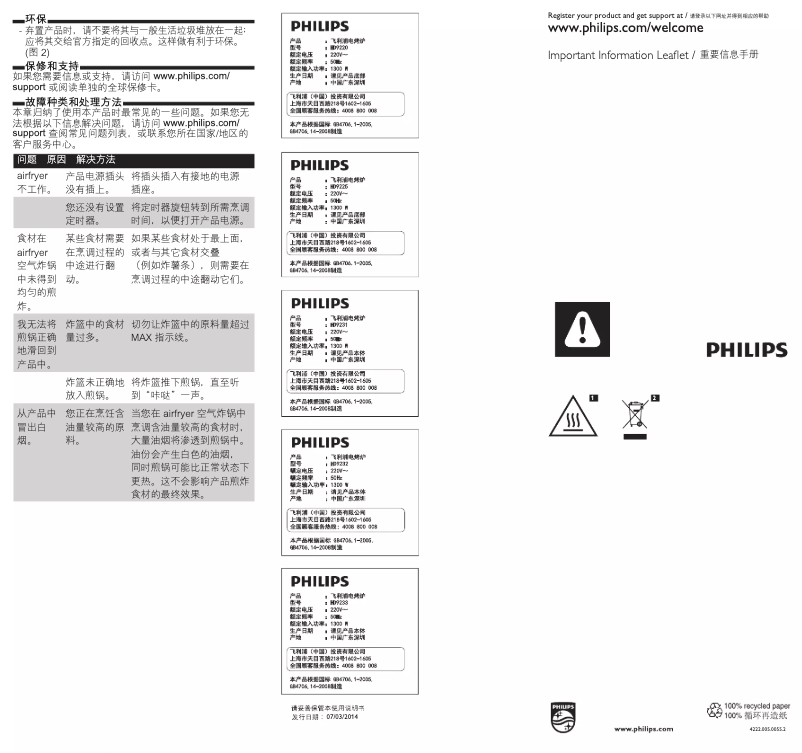 Page 1 de la notice Brochure Philips Viva Collection Airfryer HD9220