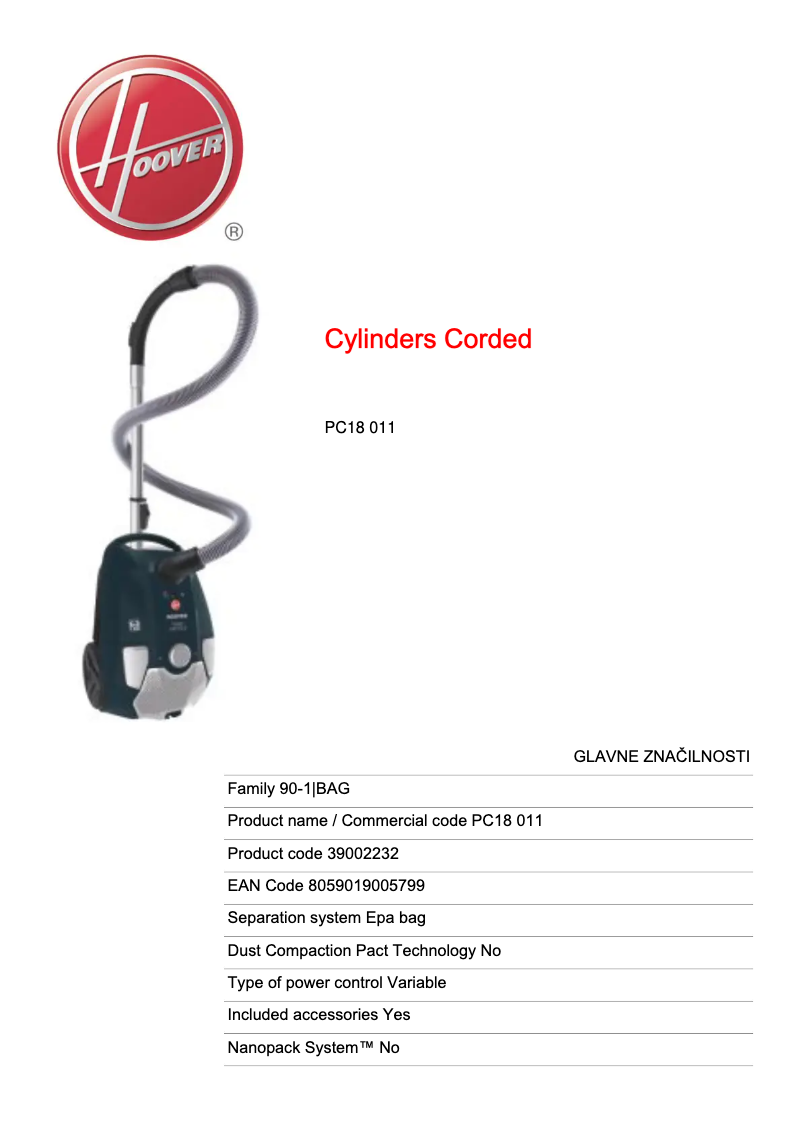 Page 1 de la notice Fiche technique Hoover Power Capsule PC18 011