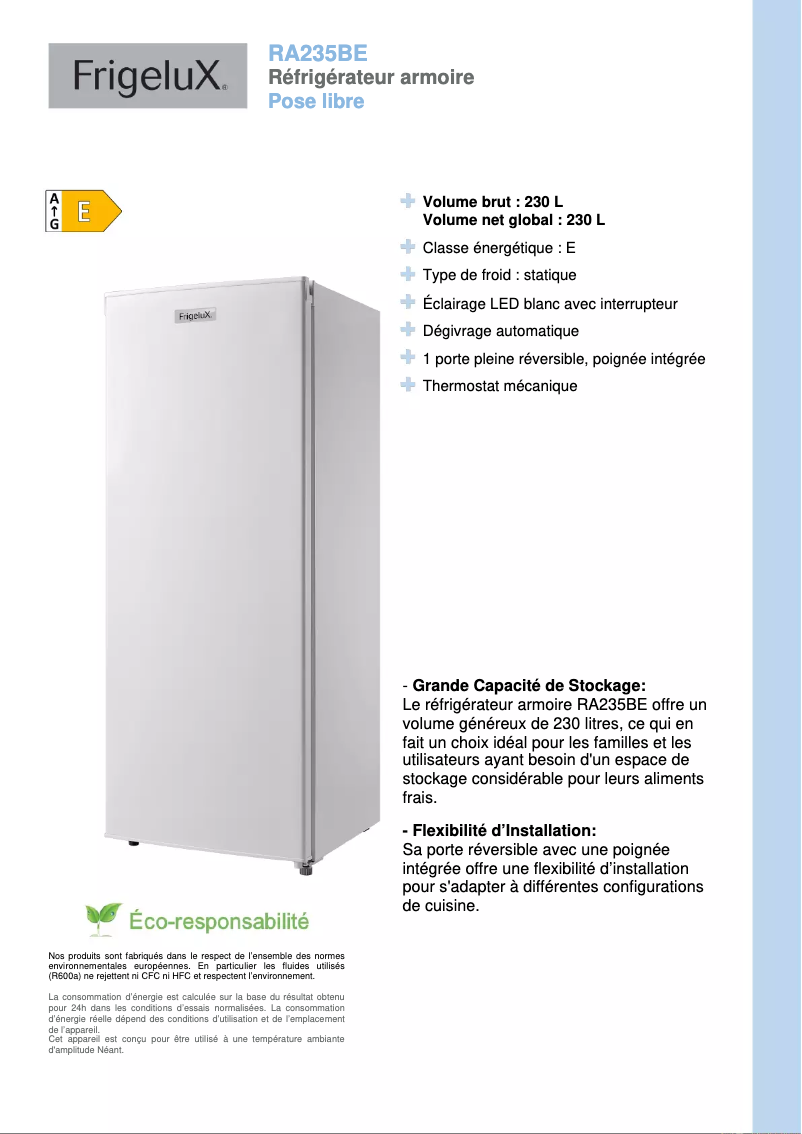 Page 1 de la notice Fiche technique FrigeluX RA235BE
