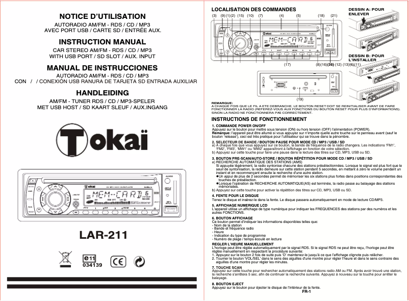 Page 1 de la notice Manuel utilisateur Tokaï LAR-211