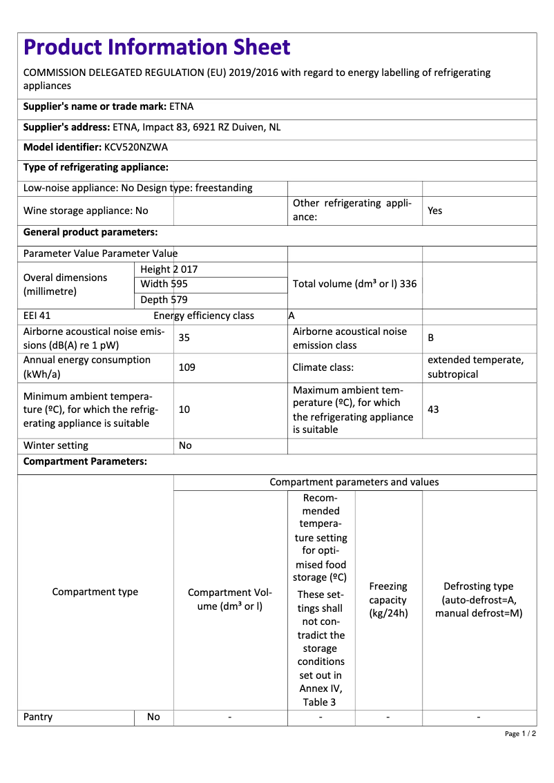 Page n°1 - Fiche technique Etna KCV520NZWA