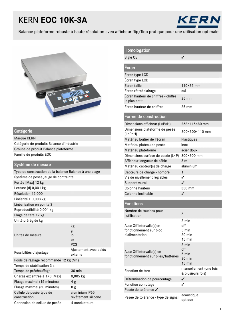 Página 1 del manual Ficha técnica Kern EOC 10K-3A