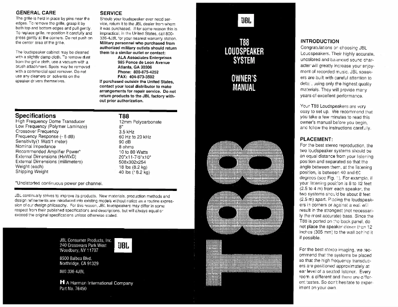 Page 1 de la notice Manuel utilisateur JBL T88