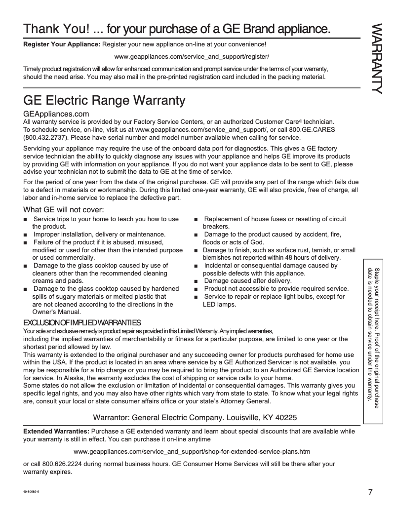 Page 1 de la notice Informations de garantie GE JB655DKWW