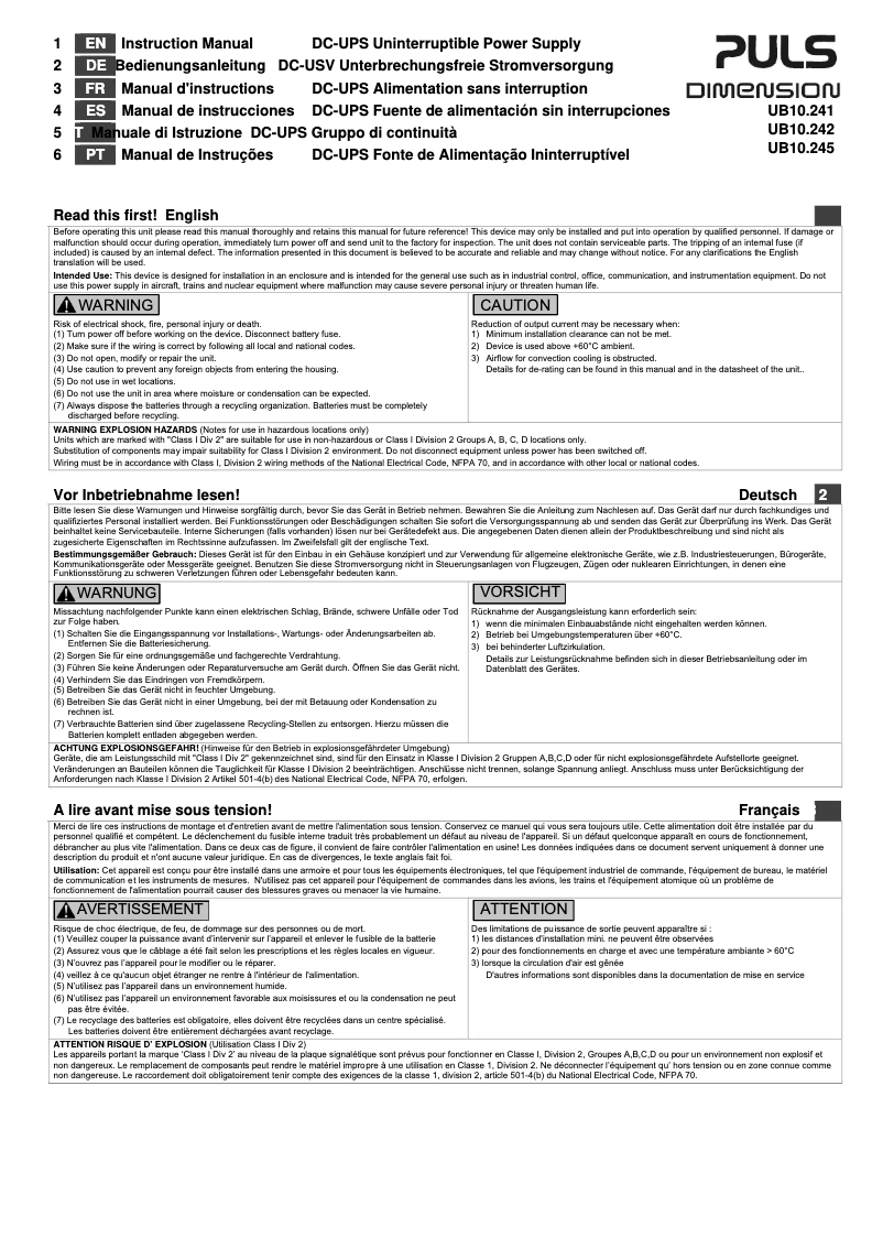 Page n°1 - Manuel utilisateur Puls Dimension UB10.242
