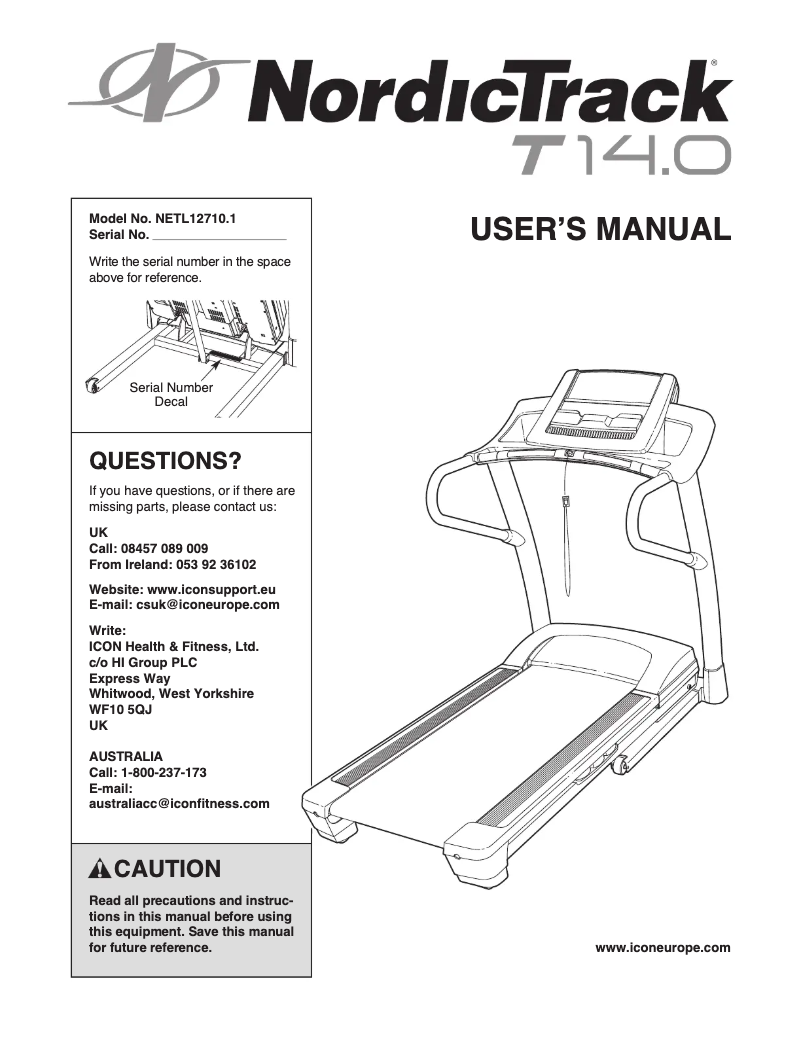 Page n°1 - Manuel utilisateur NordicTrack T14.0