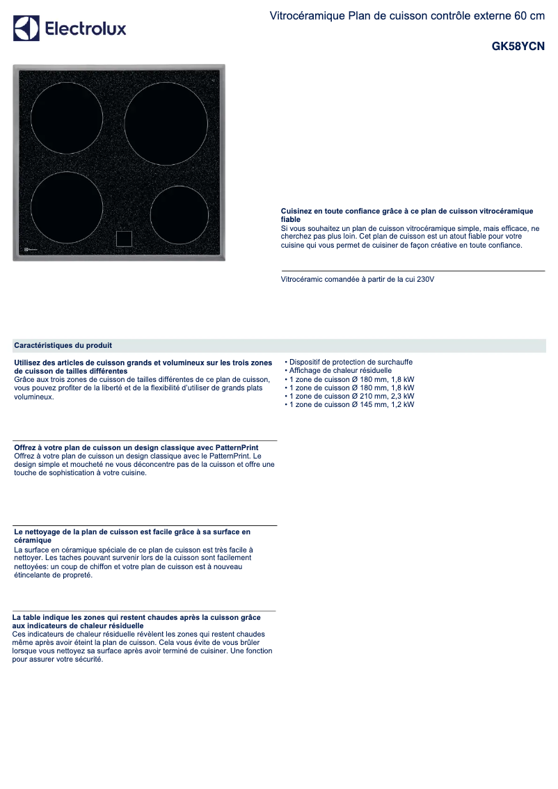 Page n°1 - Fiche technique Electrolux GK58YCN