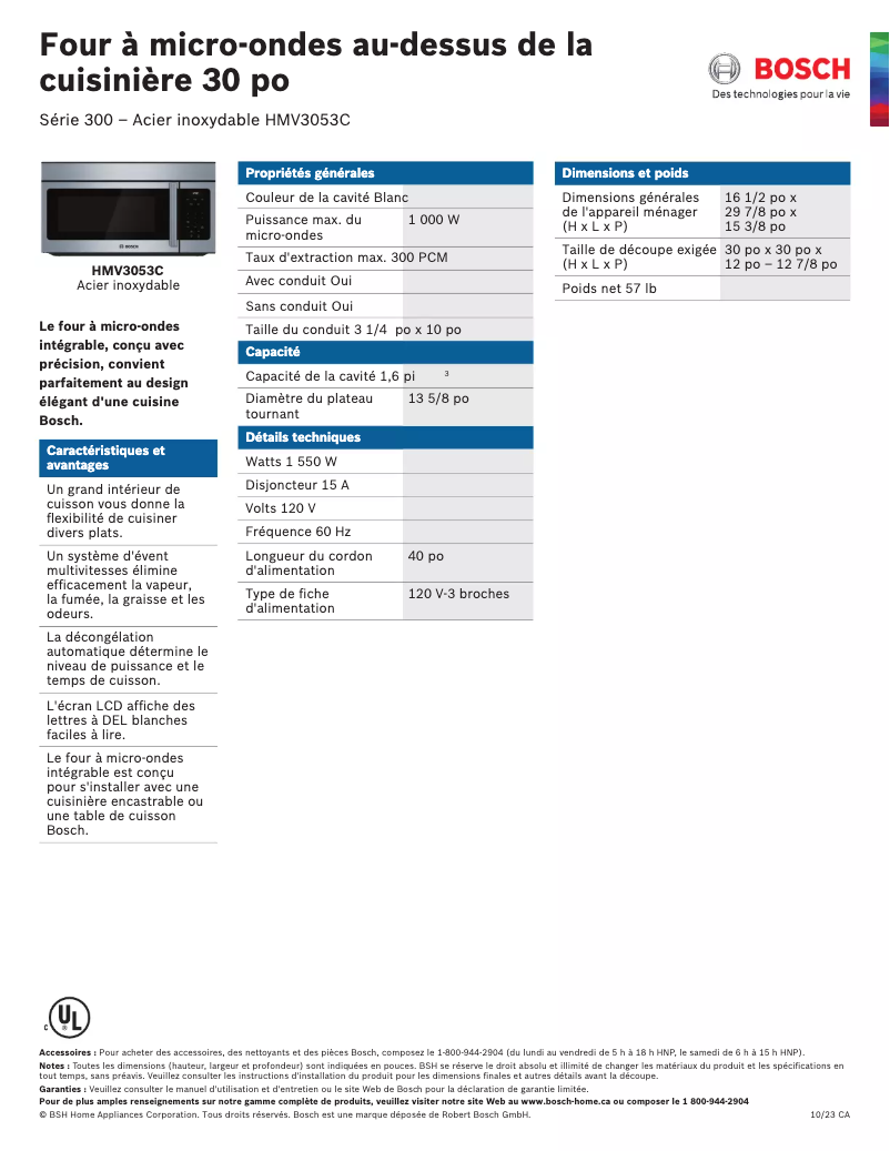 Page n°1 - Fiche technique Bosch HMV3053C