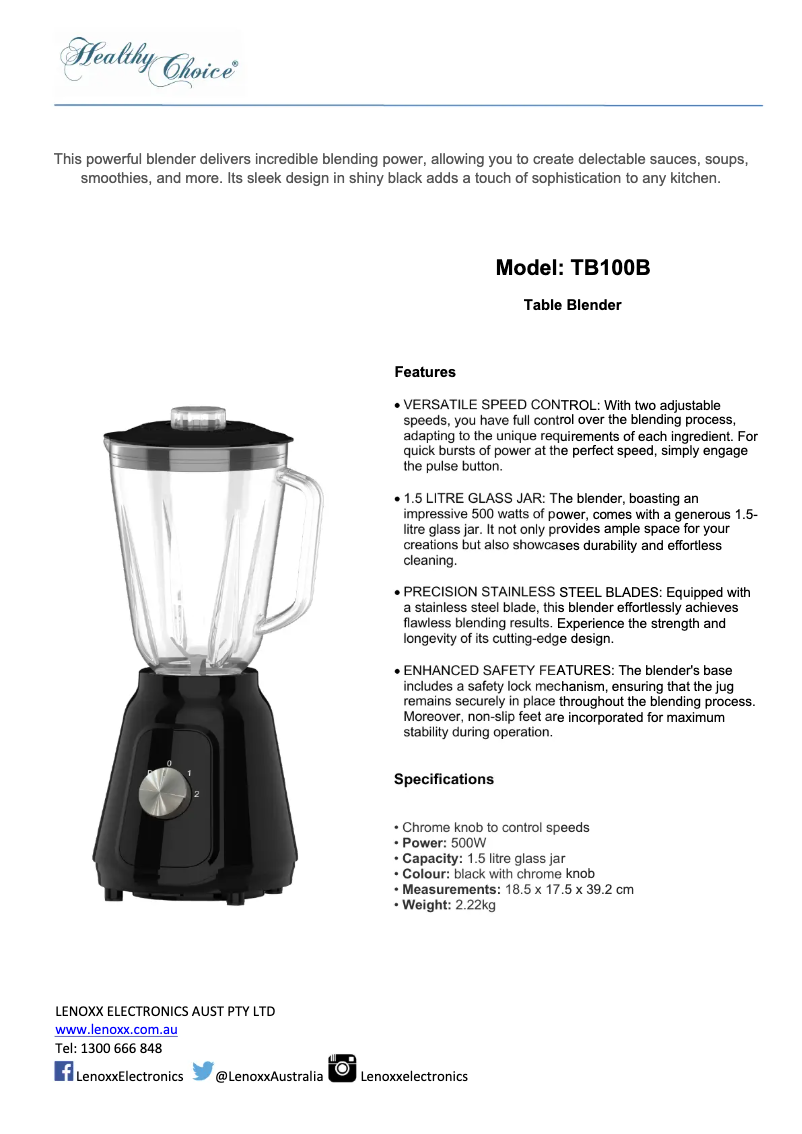 Page n°1 - Fiche technique Healthy Choice TB100B