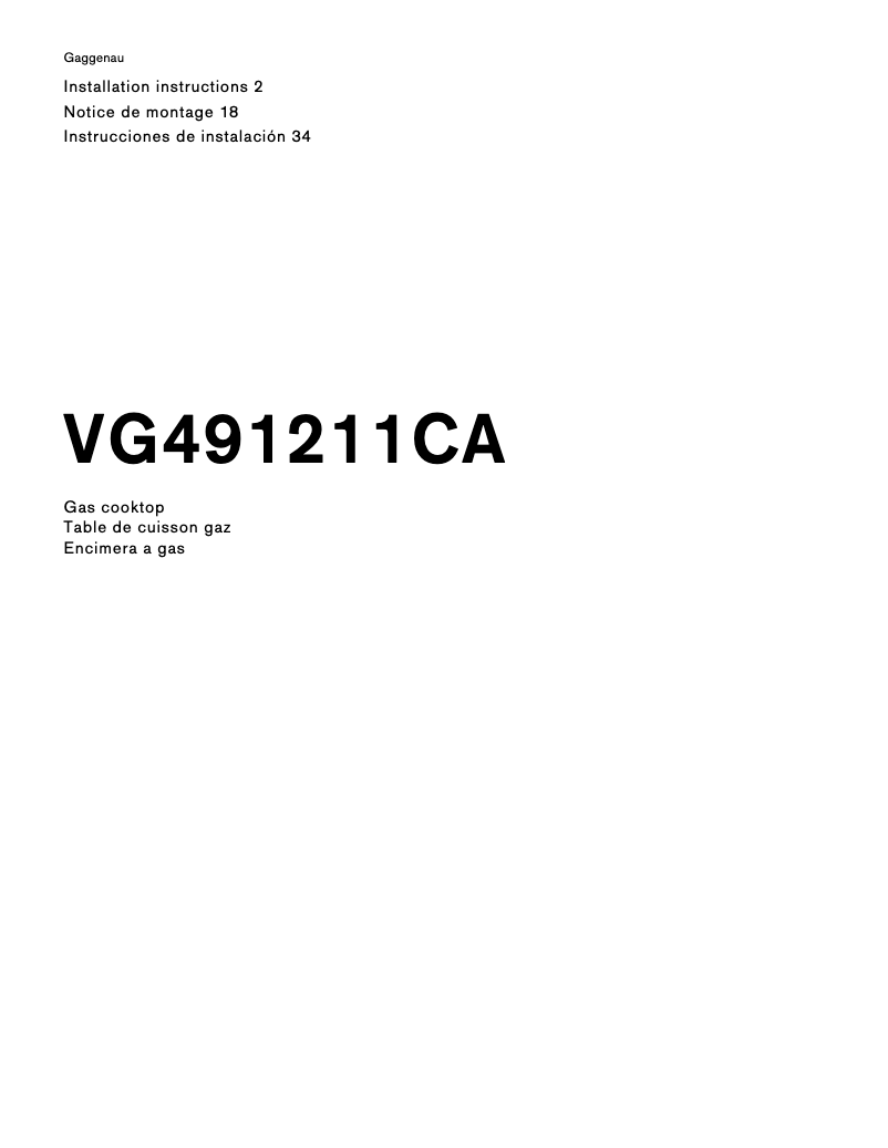 Page 1 de la notice Guide d'installation Gaggenau VG 491 211 CA