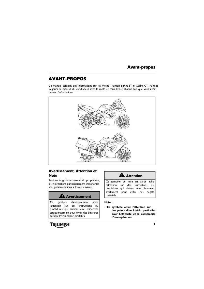 Page 1 de la notice Manuel utilisateur Triumph Sprint ST