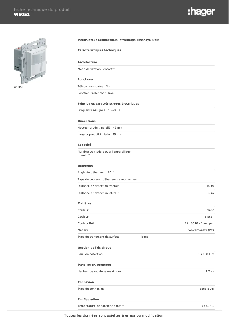 Page n°1 - Fiche technique Hager WE051