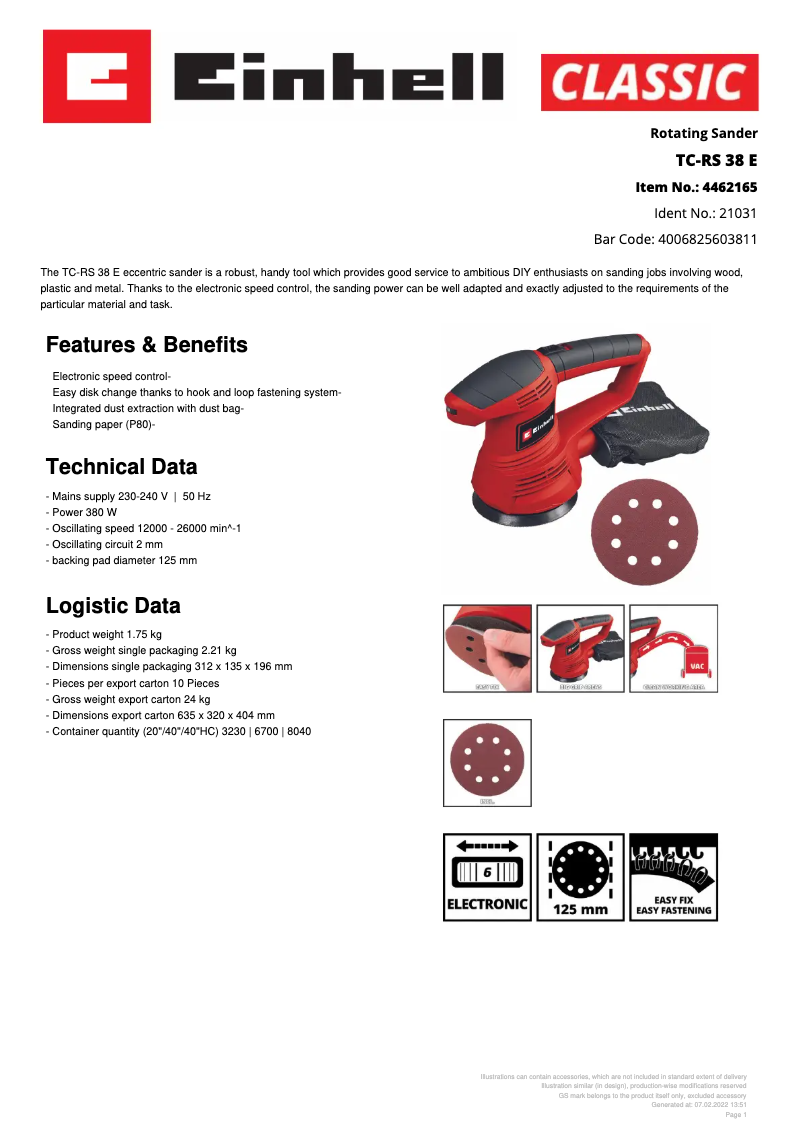 Page n°1 - Fiche technique Einhell TC-RS 38 E