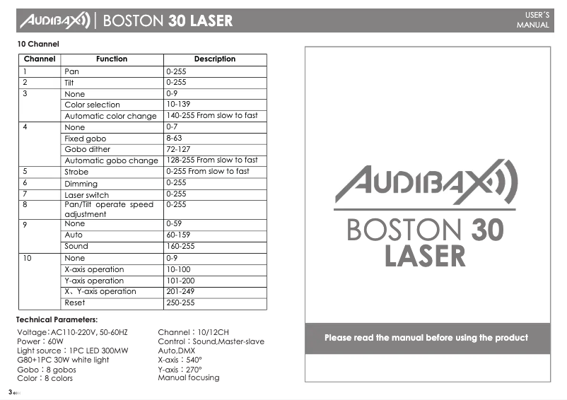 Page 1 de la notice Manuel utilisateur Audibax Boston 30 Laser