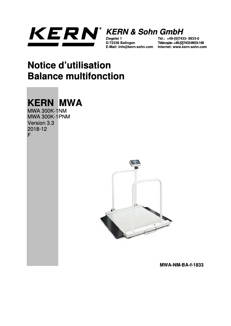 Page 1 de la notice Manuel utilisateur Kern MWA 300K-1PNM
