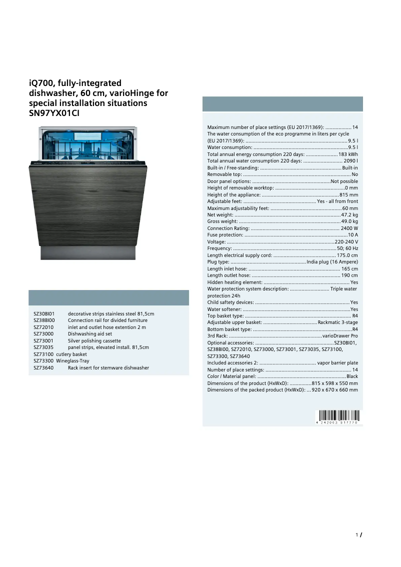 Page 1 de la notice Fiche technique Siemens SN97YX01CI