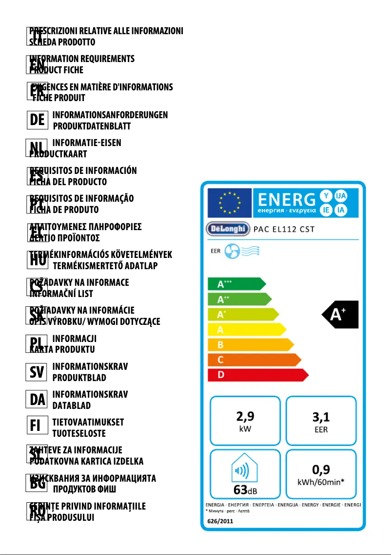 Page 1 de la notice Fiche technique DeLonghi Pinguino PAC EL112 Silent CST