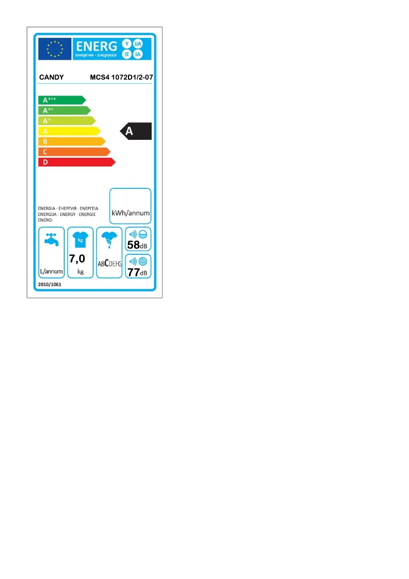 Page n°1 - Label énergétique Candy MCS4 1072D1/2-07