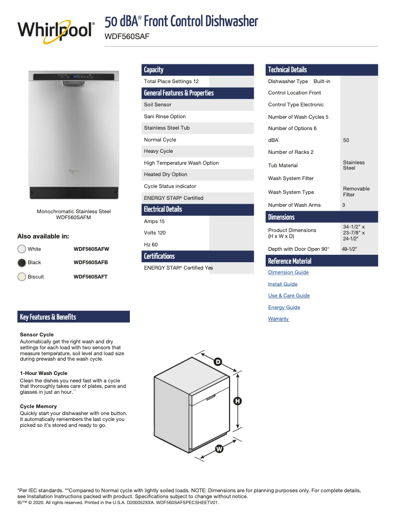 Page 1 de la notice Fiche technique Whirlpool WDF560SAFT