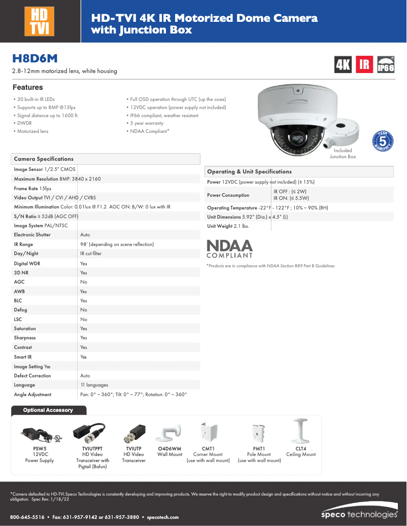 Página 1 del manual Ficha técnica Speco Technologies H8D6M