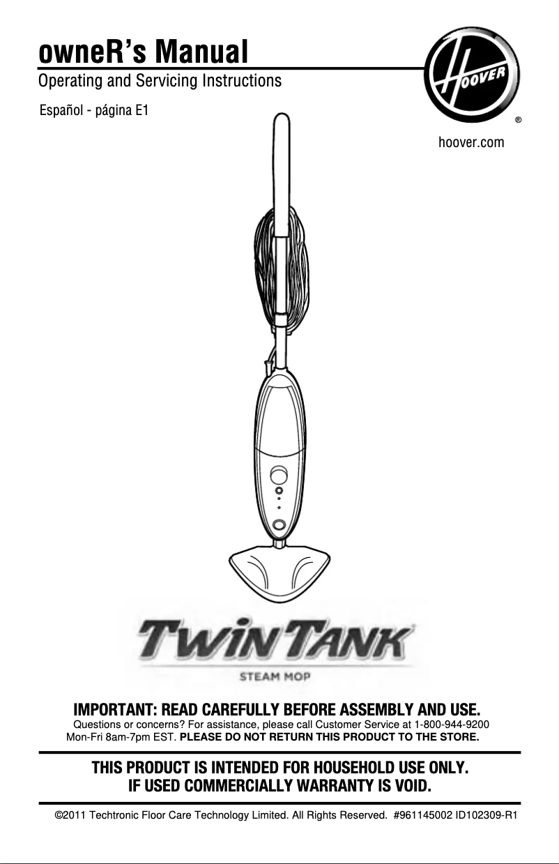 Page 1 de la notice Manuel utilisateur Hoover TwinTank Steam Mop