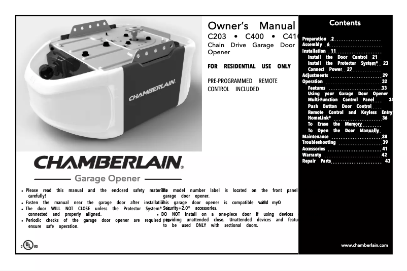 Page 1 de la notice Manuel utilisateur Chamberlain C203