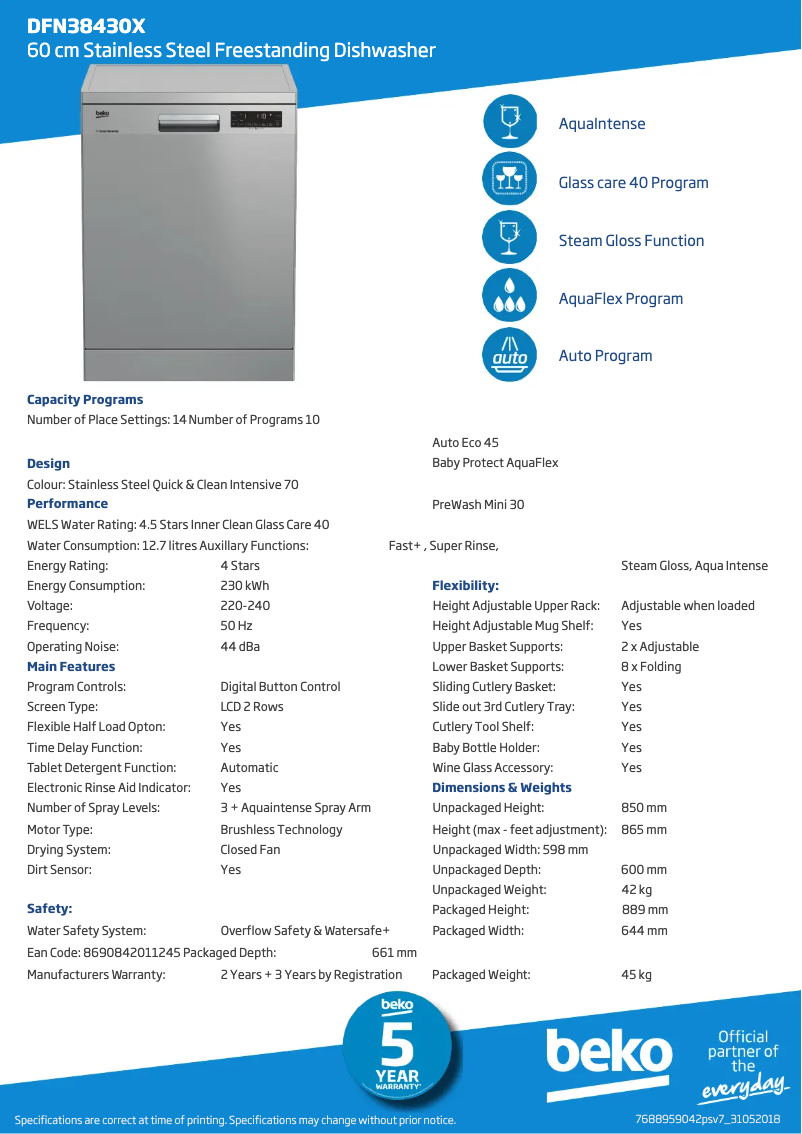 Page 1 de la notice Fiche technique Beko DFN38450X