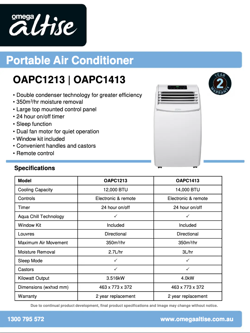 Page n°1 - Fiche technique Omega Altise OAPC1213