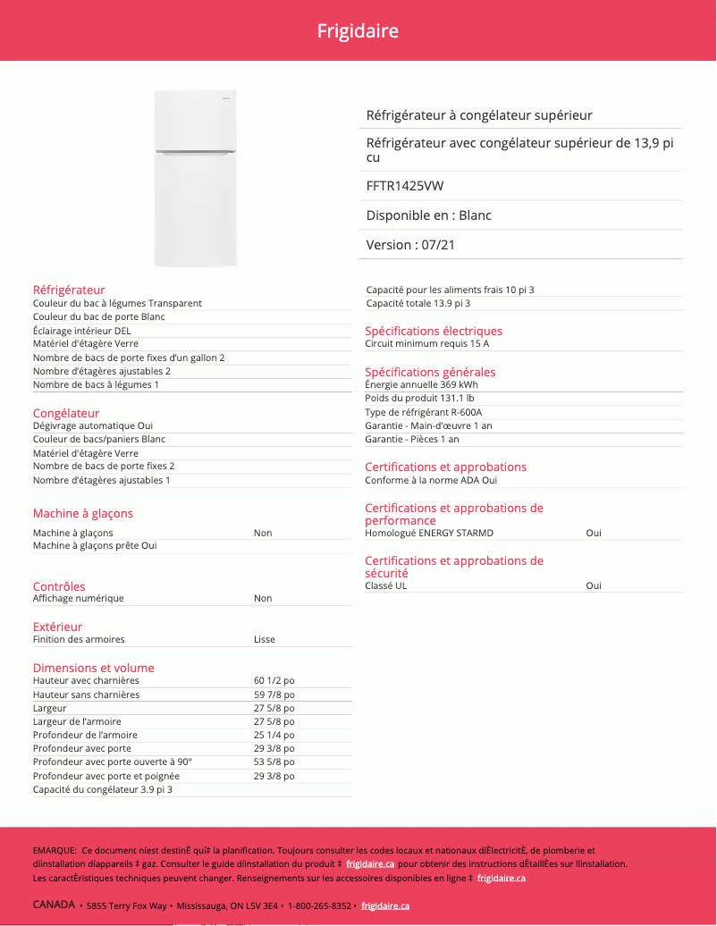 Page n°1 - Fiche technique Frigidaire FFTR1425VW