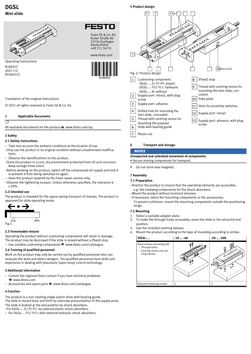 Page 1 de la notice Manuel utilisateur Festo DGSL-20-10-P1A