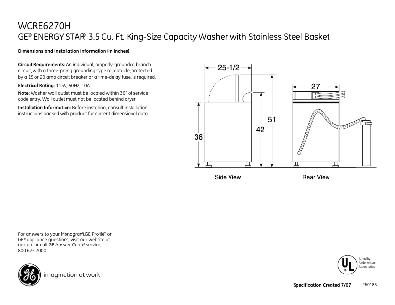 Page 1 de la notice Fiche technique GE WCRE6270HCC
