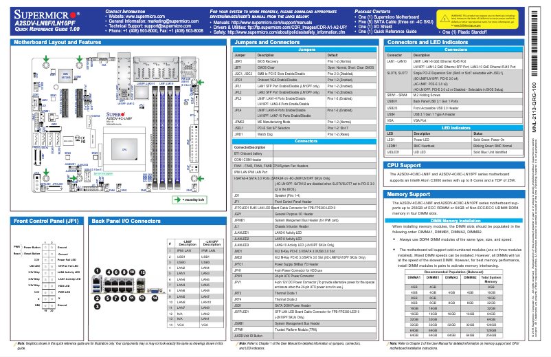 Page 1 de la notice Guide de démarrage rapide Supermicro A2SDV-4C-LN8F