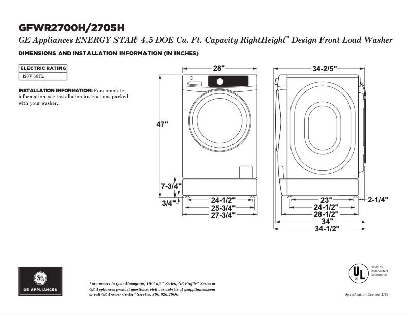 Page n°1 - Fiche technique GE GFWR2705HMC