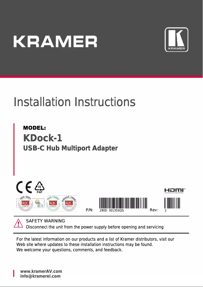 Page n°1 - Manuel utilisateur Kramer KDock-1