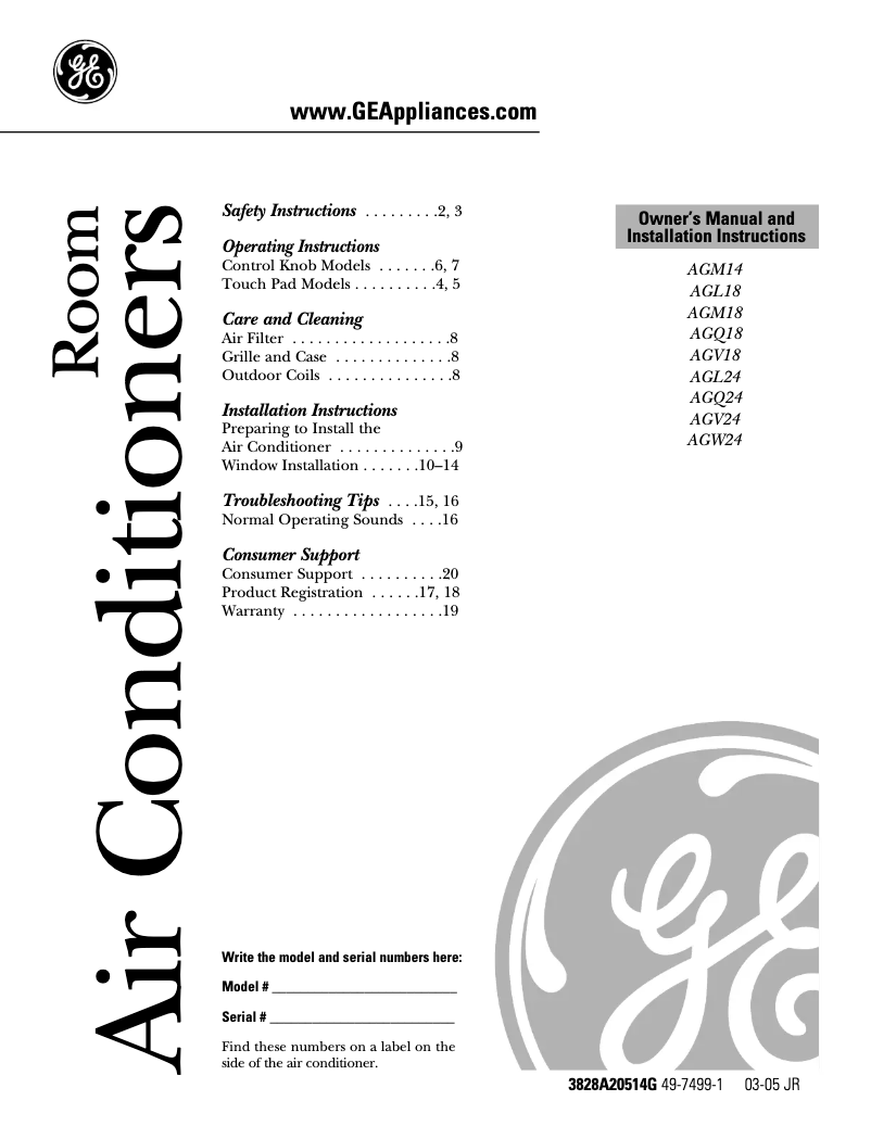 Page n°1 - Guide d'installation GE AGL18DC