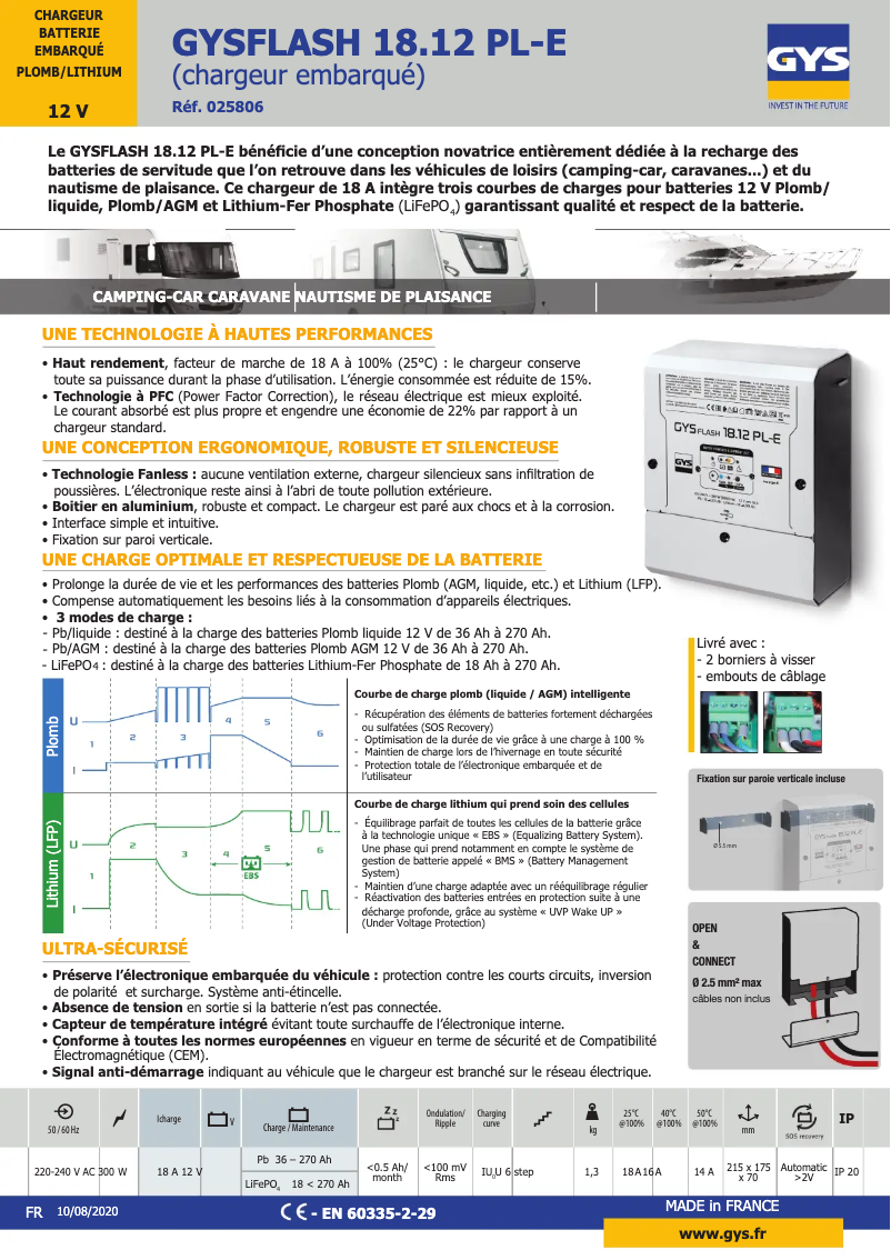 Page 1 de la notice Fiche technique GYS Gysflash 18.12 Pl-E